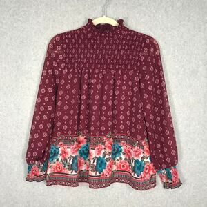 Derek Heart Top Womens Small Burgundy‎ Floral Flowy Twee Cottage Feminine Boho